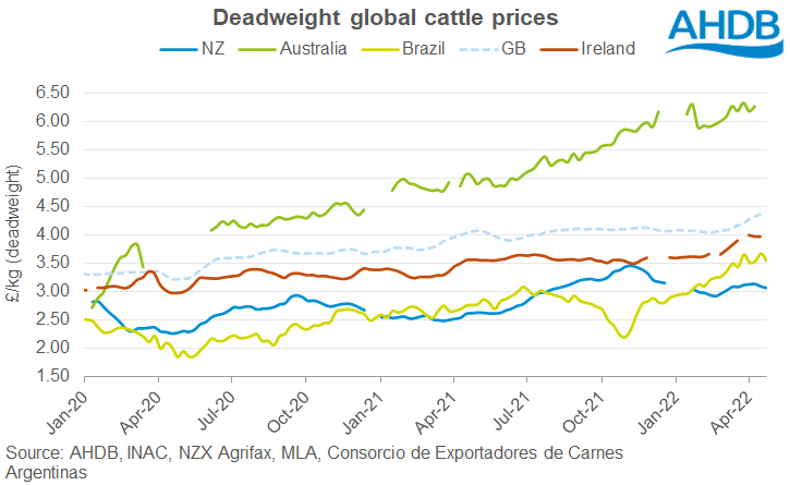 Global cattle prices DWT GBP